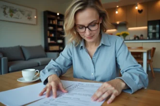 Propriétaire vérifiant la liste de mobilier obligatoire pour une location meublée sur un document imprimé annoté