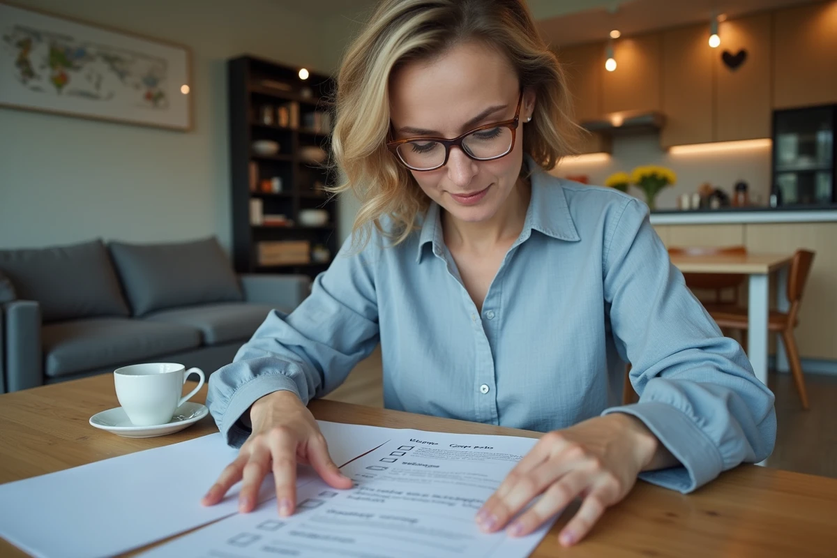 Propriétaire vérifiant la liste de mobilier obligatoire pour une location meublée sur un document imprimé annoté
