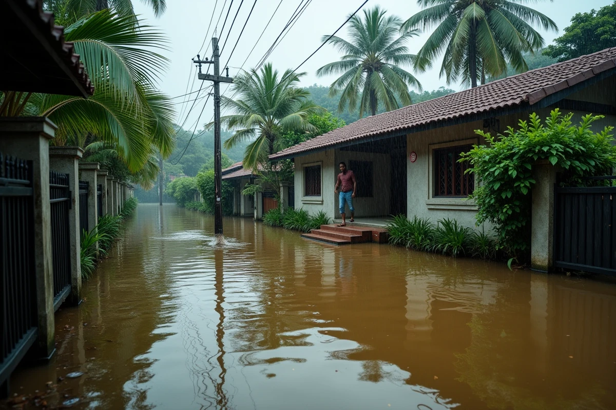 Une villa tropicale à Koh Samui partiellement inondée pendant la saison des pluies, illustrant les risques climatiques pour les acheteurs étrangers