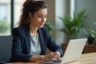 Salariée remplissant une demande de logement social en ligne sur AL'in depuis son bureau en entreprise