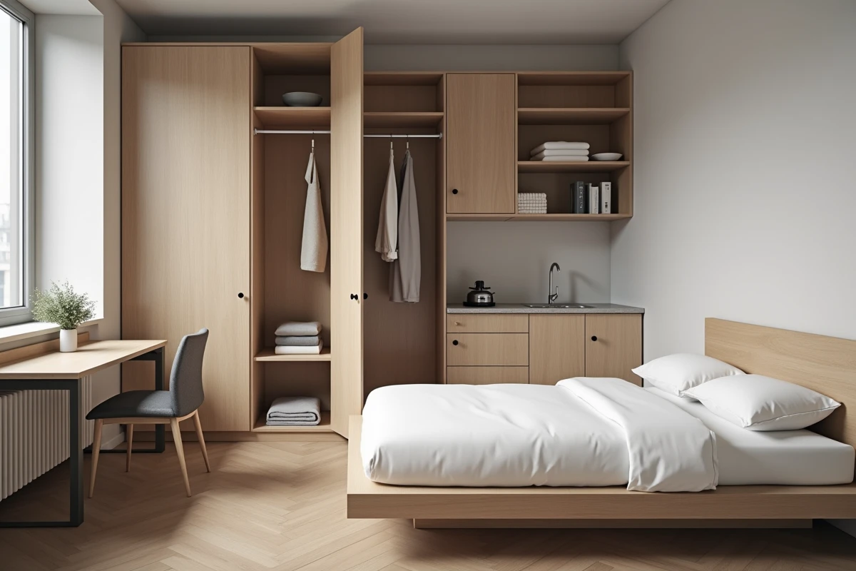 Intérieur d'un studio meublé conforme aux exigences légales avec liste de mobilier complet visible