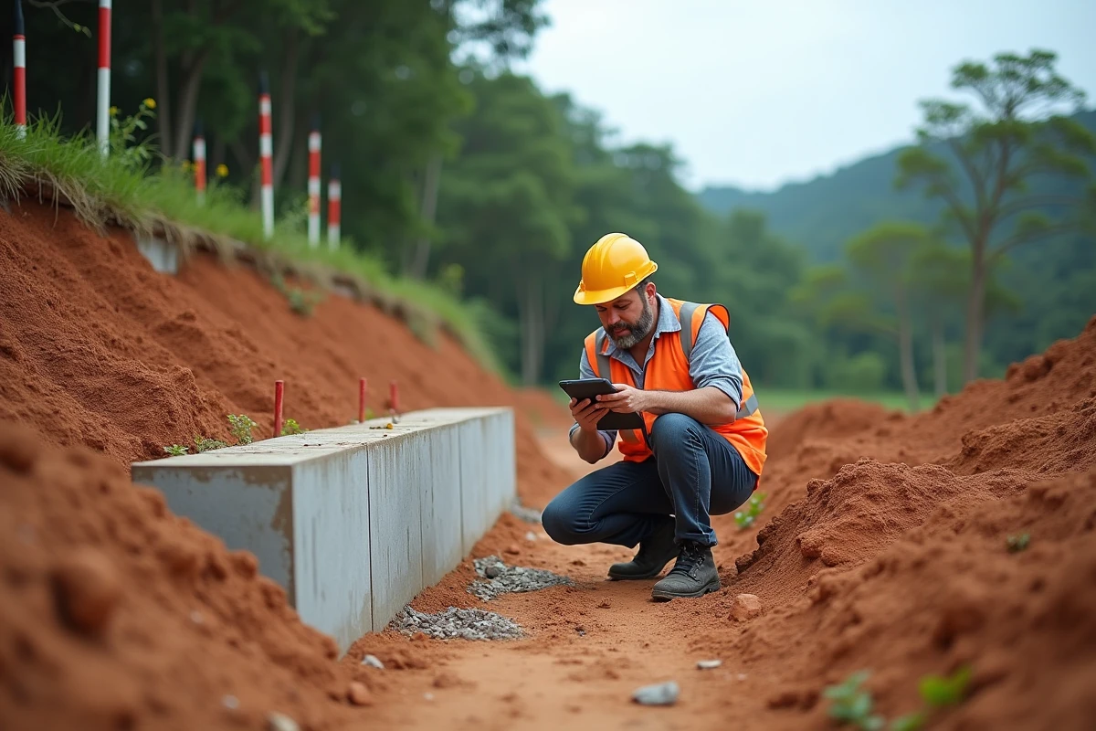 Un inspecteur environnemental vérifie les fondations et l'érosion du sol d'une construction sur un terrain en pente à Koh Samui