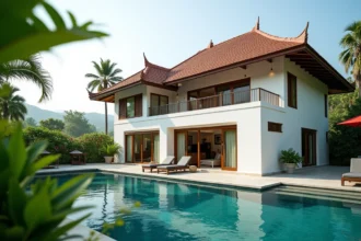 Villa thaïlandaise moderne avec piscine privée entourée de végétation tropicale, idéale pour un investissement immobilier en Thaïlande