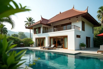 Villa thaïlandaise moderne avec piscine privée entourée de végétation tropicale, idéale pour un investissement immobilier en Thaïlande
