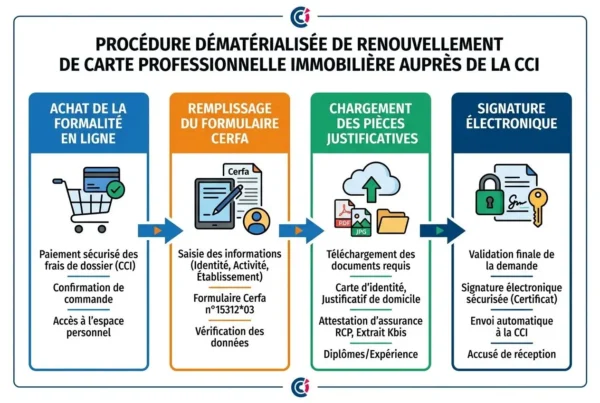 Procédure dématérialisée de renouvellement de carte professionnelle immobilière auprès de la CCI, étape par étape.