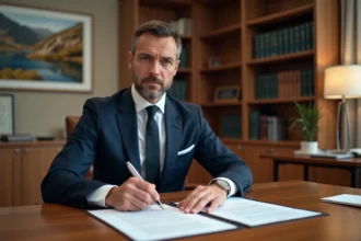 Homme d'affaires examinant des documents immobiliers dans un bureau notarial andorran pour l'achat d'un appartement en société