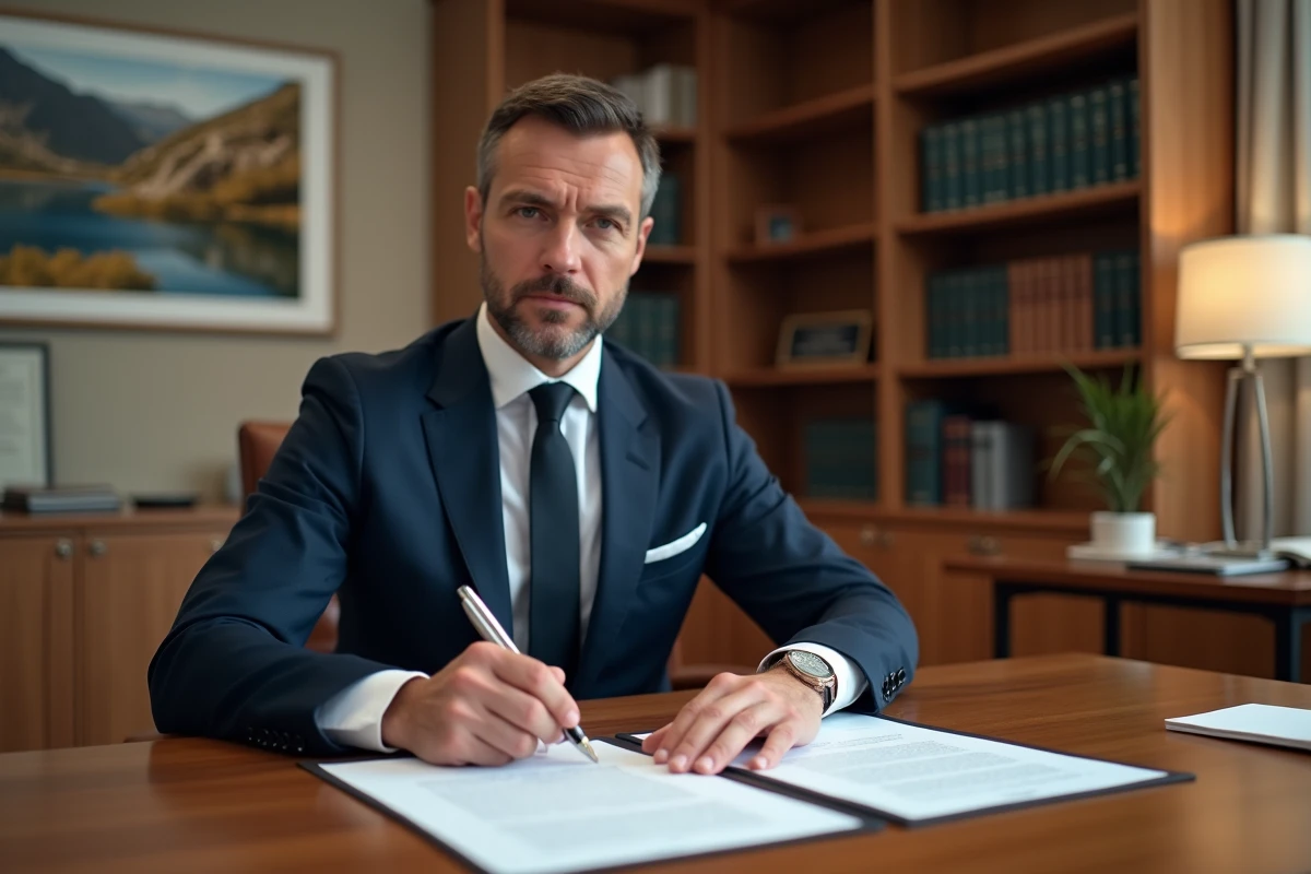 Homme d'affaires examinant des documents immobiliers dans un bureau notarial andorran pour l'achat d'un appartement en société