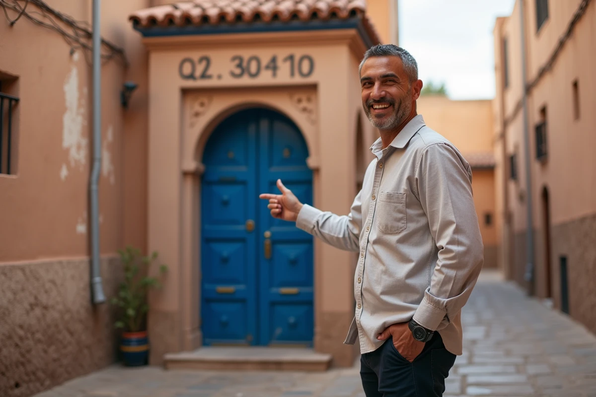 Agent immobilier marocain devant l'entrée d'un riad à vendre dans la médina de Marrakech proche de la place Jemaa el-Fna