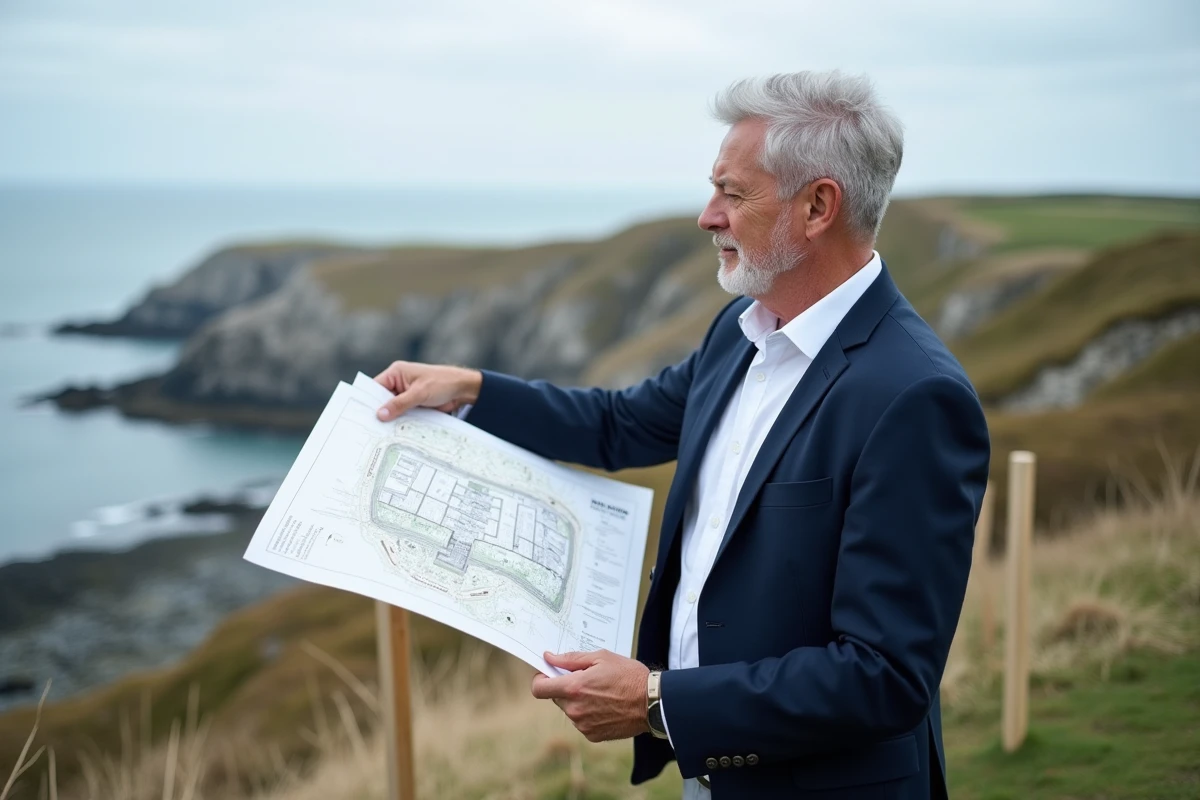 Agent immobilier présentant un plan cadastral sur un terrain en bord de mer à vendre en Bretagne