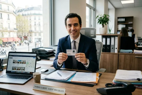 Agent immobilier en bureau, tenant sa carte professionnelle, avec dossier et ordinateur sur le bureau pour le renouvellement de la carte professionnelle immobilier.