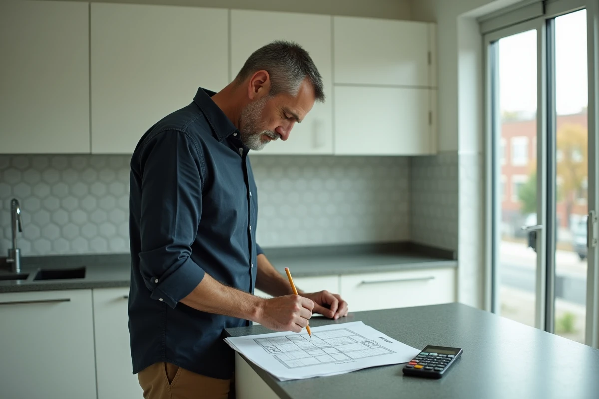 Homme calculant les mètres carrés d'un appartement sur papier quadrillé avec une calculatrice sur smartphone