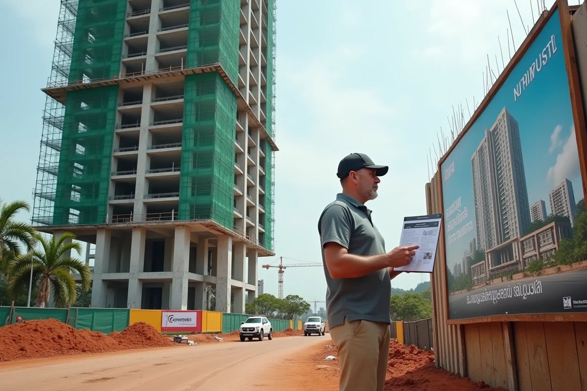 Investisseur occidental examinant un panneau publicitaire devant un chantier de condominium en construction à Phuket en Thaïlande