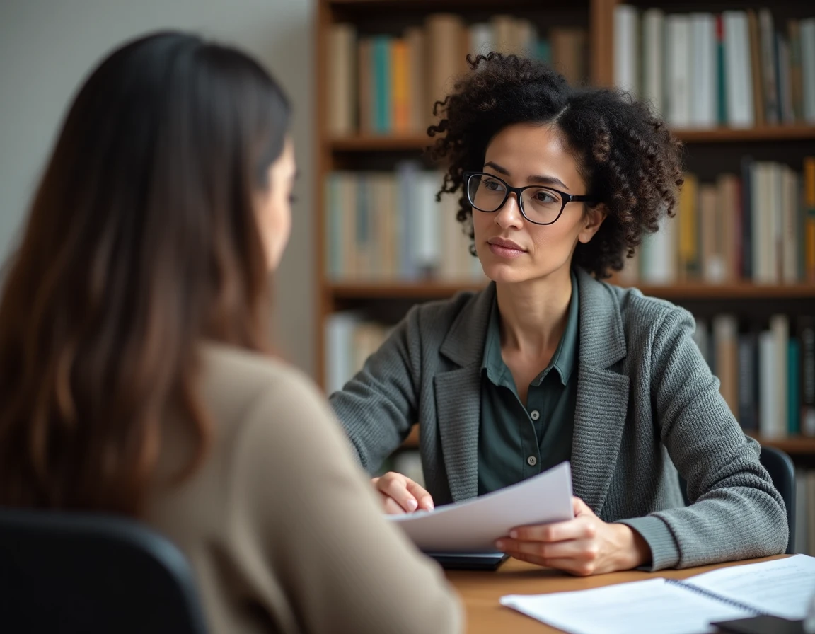Conseillère juridique expliquant les recours possibles à une femme victime de discrimination au logement liée au RSA
