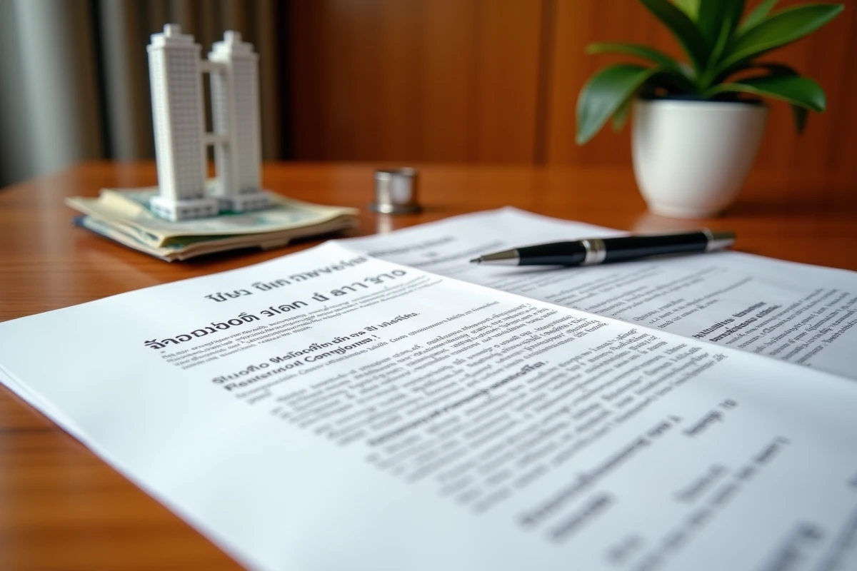 Contrat d'achat bilingue thaï-anglais pour un condominium sur plan posé sur une table en bois avec un stylo et un modèle architectural miniature