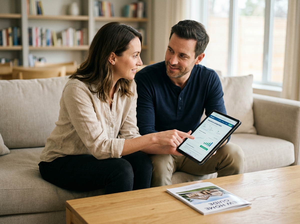 Couple comparant des assurances de prêt immobilier sur tablette dans leur salon