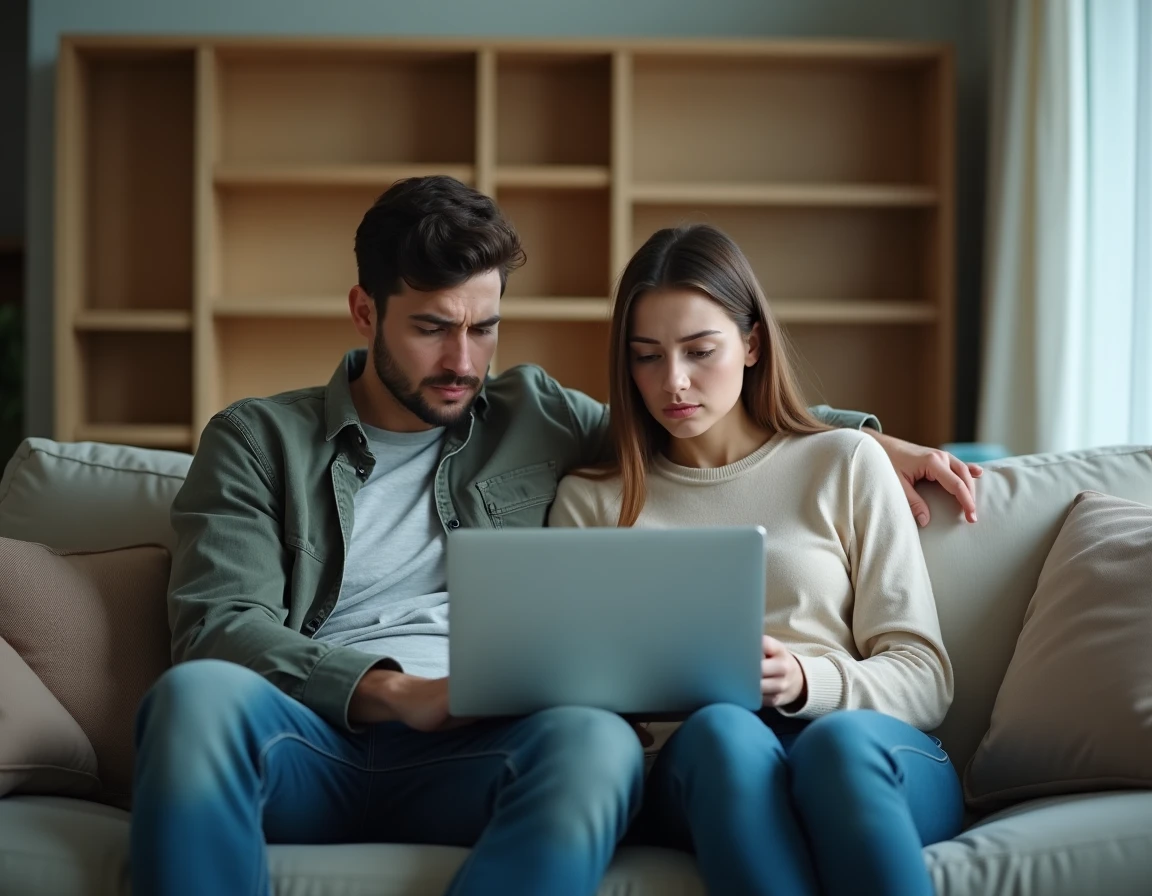 Couple inquiet consultant des documents juridiques sur un ordinateur portable dans un appartement en cours de déménagement après un préavis envoyé trop tard