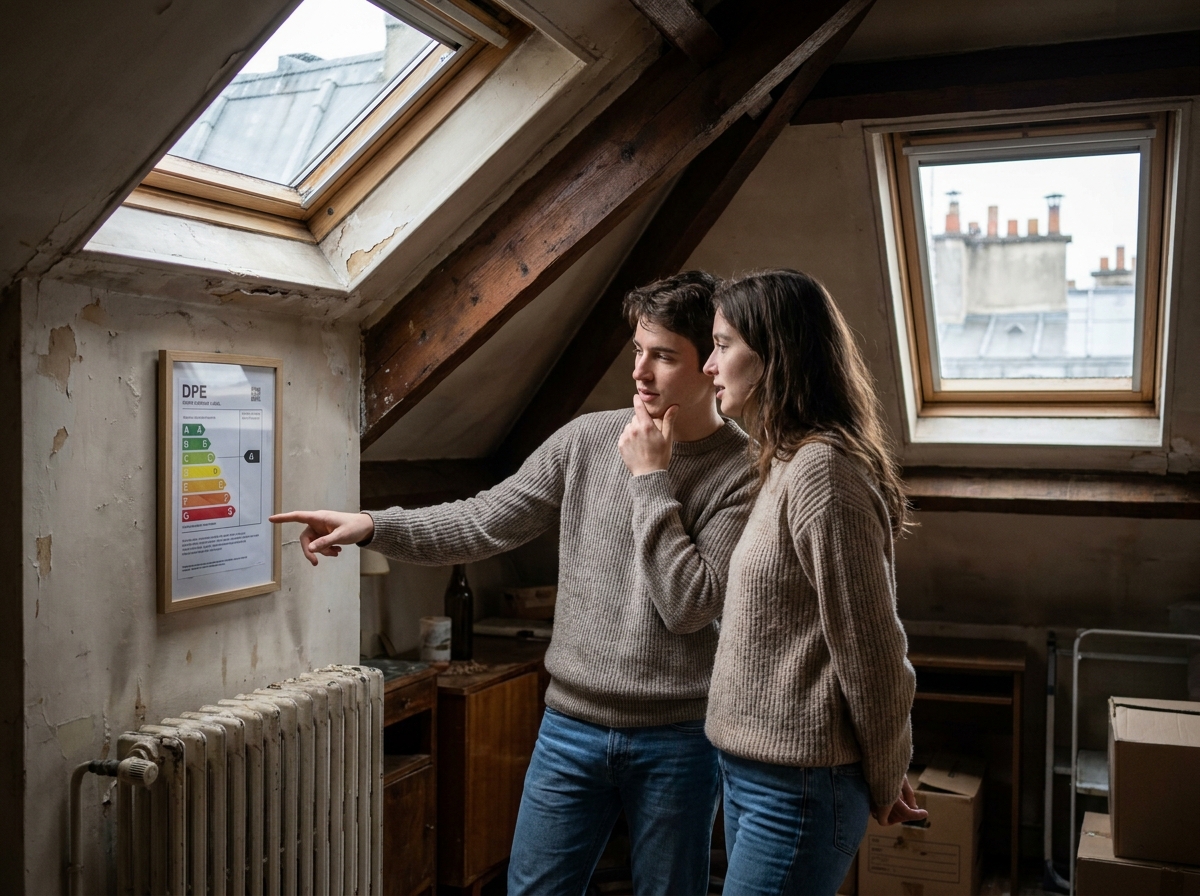 Couple de locataires discutant du classement DPE de leur petit appartement mansardé dans un immeuble parisien