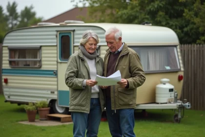 Couple de propriétaires négociant un contrat de location de terrain pour caravane à l'année devant leur mobil-home