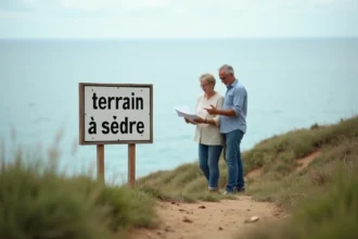 Couple familial examinant un terrain à vendre en bord de mer sur la côte atlantique