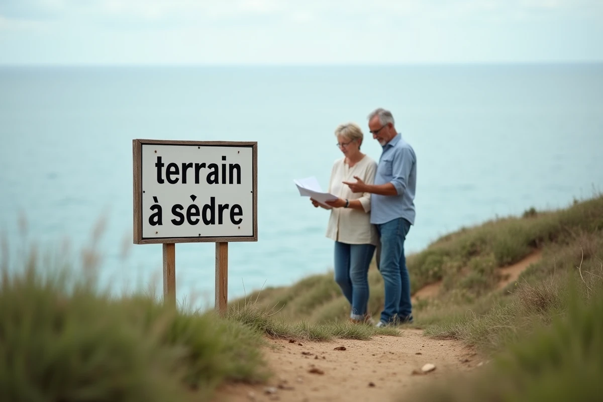 Couple familial examinant un terrain à vendre en bord de mer sur la côte atlantique