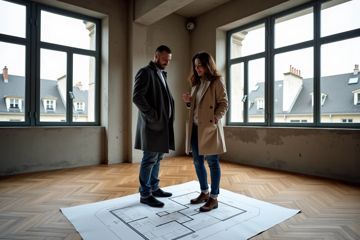 Couple consultant un plan de sol imprimé pour estimer les mètres carrés d'un appartement lors d'une visite immobilière