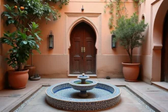 Cour intérieure d'un petit riad traditionnel à vendre à Marrakech avec fontaine en zellige et murs en tadelakt