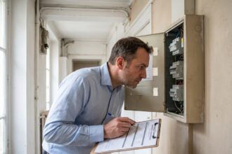 Diagnostiqueur immobilier inspectant un tableau électrique dans un appartement lors d'un bilan technique avant assurance habitation