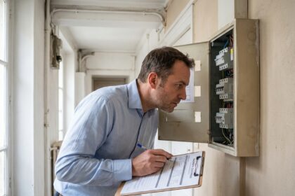 Diagnostiqueur immobilier inspectant un tableau électrique dans un appartement lors d'un bilan technique avant assurance habitation