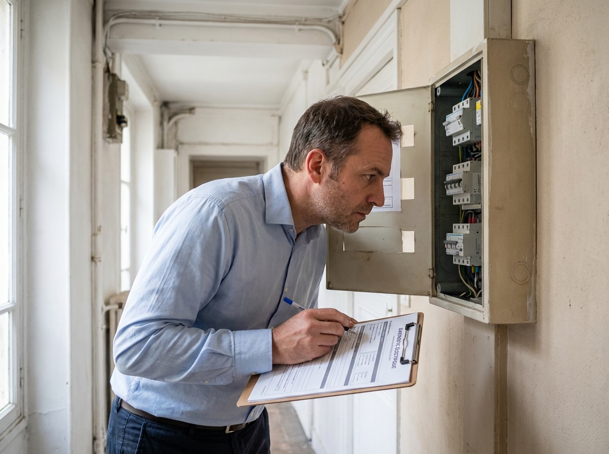Diagnostiqueur immobilier inspectant un tableau électrique dans un appartement lors d'un bilan technique avant assurance habitation