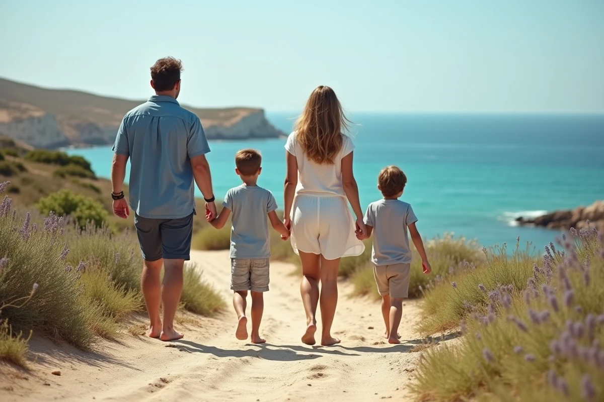 Famille se promenant sur un terrain constructible en bord de mer pour un projet immobilier familial durable