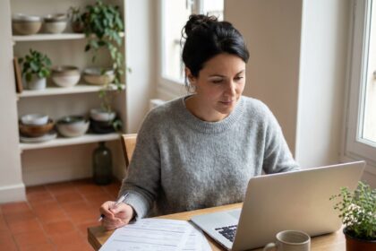 Femme comparant des offres d'assurance de prêt immobilier sur ordinateur portable à la maison