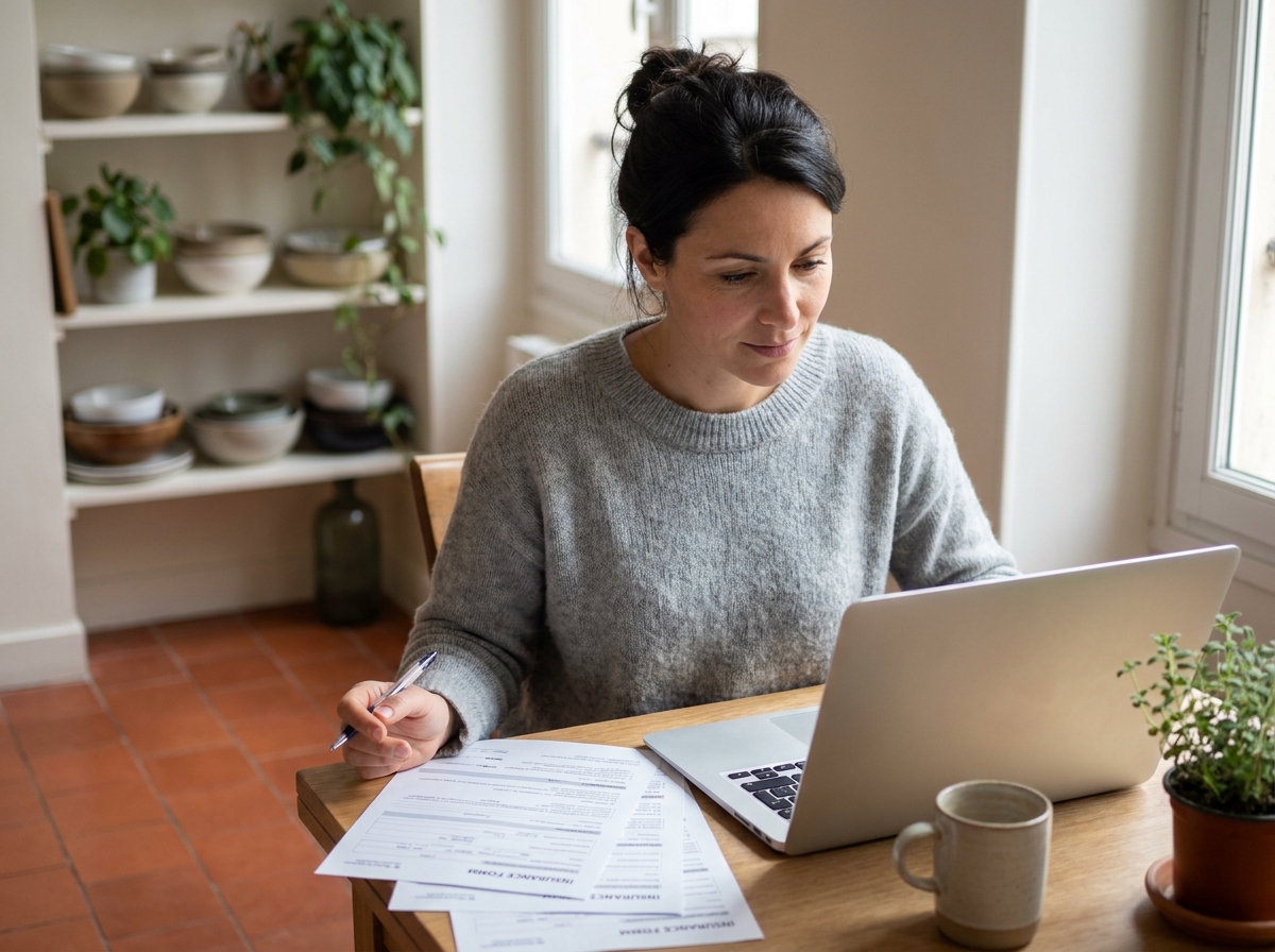 Femme comparant des offres d'assurance de prêt immobilier sur ordinateur portable à la maison