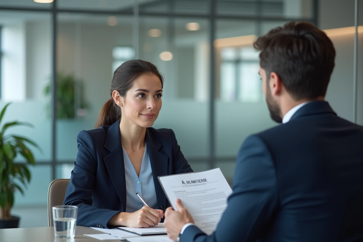 Femme discutant d'un prêt de consolidation de dettes avec un conseiller bancaire dans une agence moderne