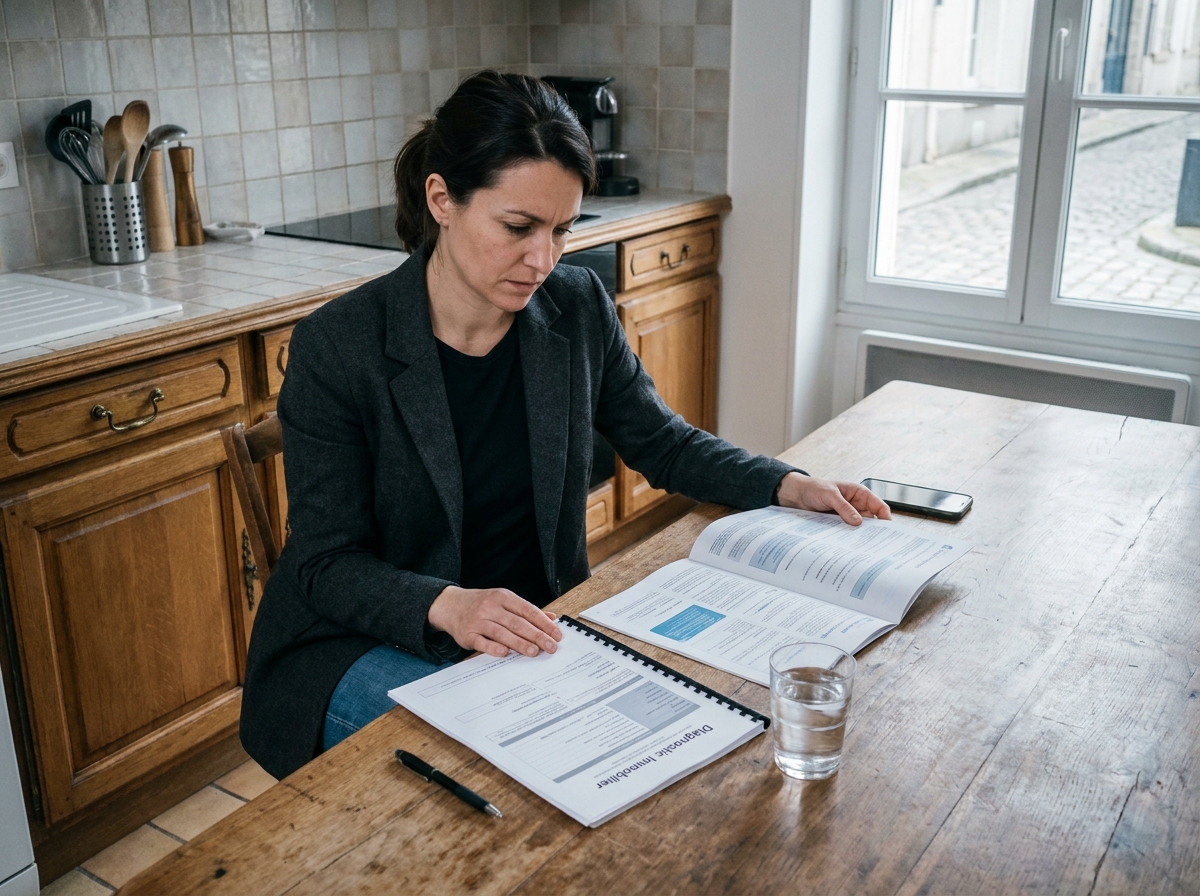 Femme consultant un rapport de diagnostic immobilier et un contrat d'assurance habitation sur une table de cuisine moderne