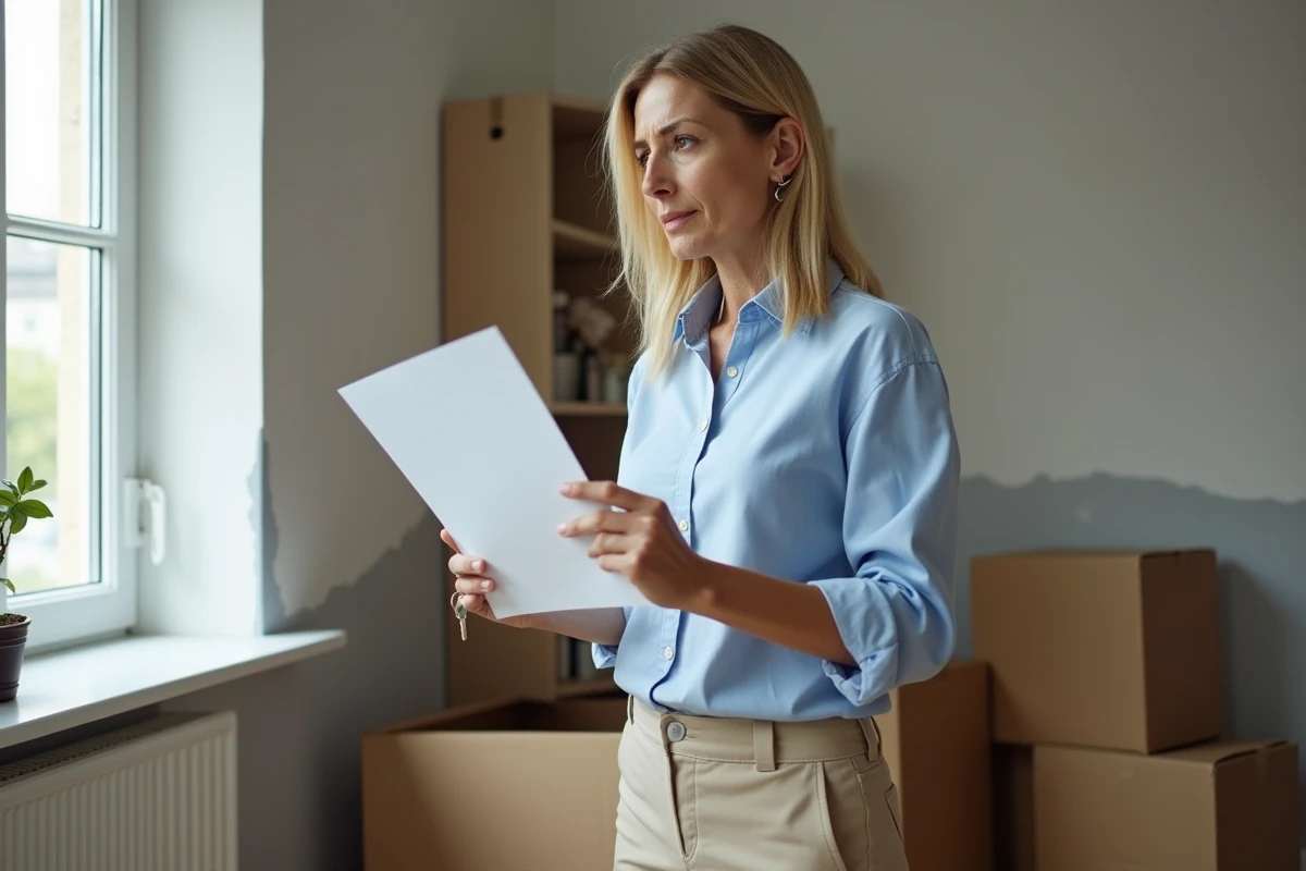 Femme tenant un courrier juridique lié à une indemnité d'occupation dans un logement en indivision