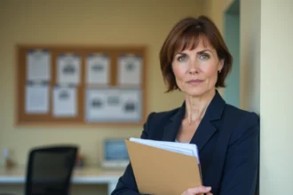 Femme tenant des documents dans une agence immobilière, illustrant un refus de location lié au RSA