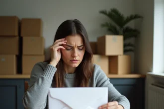 Femme stressée tenant une lettre de préavis d'appartement trop tardive à la table de cuisine entourée de cartons de déménagement