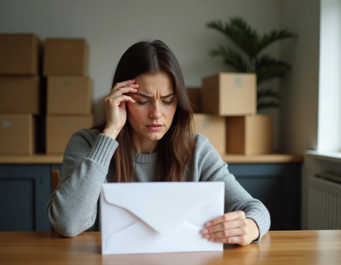 Femme stressée tenant une lettre de préavis d'appartement trop tardive à la table de cuisine entourée de cartons de déménagement