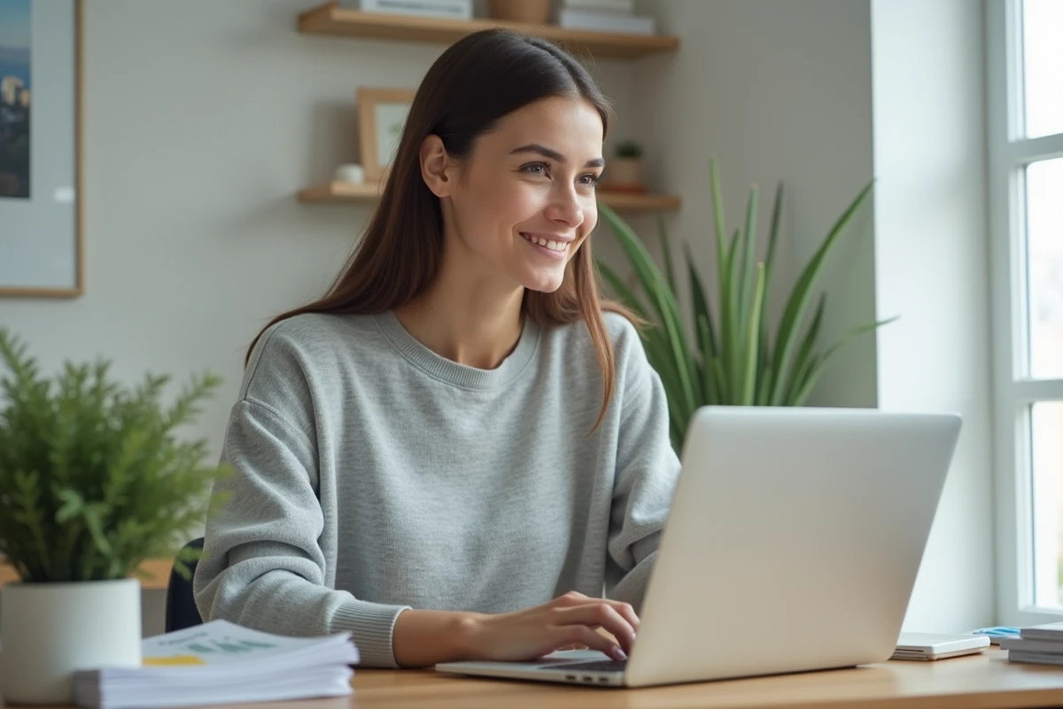 Femme gérant son bail et ses loyers en ligne depuis un bureau à domicile sur une application de gestion locative