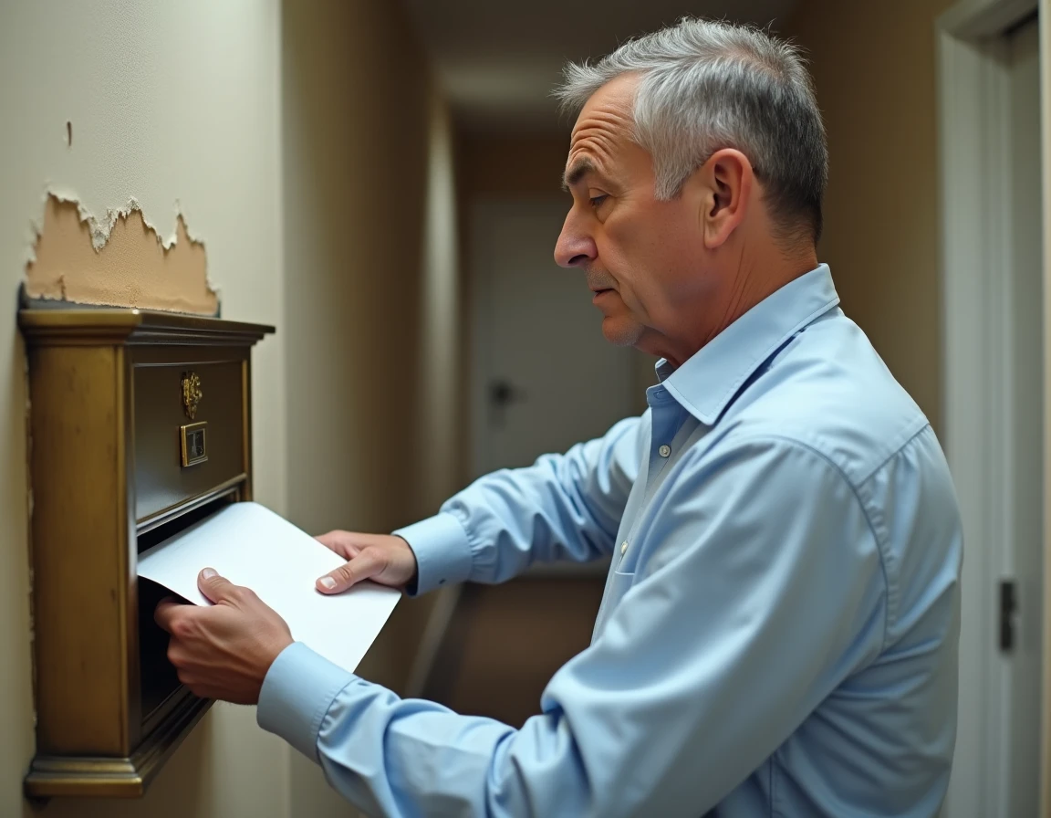 Homme déposant une lettre de préavis en retard dans une boîte aux lettres d'immeuble résidentiel