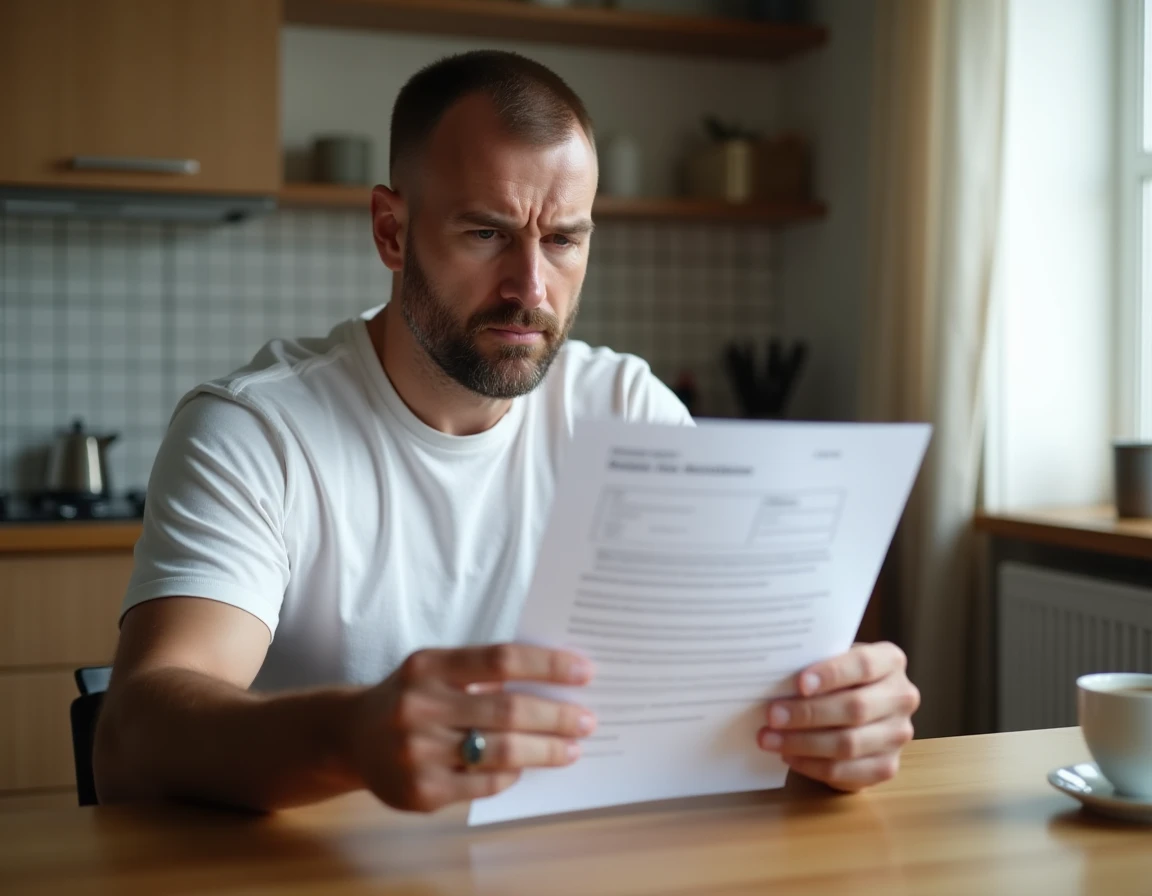 Homme lisant une lettre de refus de location à son domicile en raison de ses revenus RSA