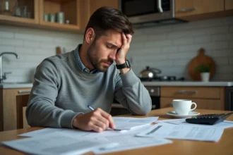 Homme seul consultant des documents de crédit immobilier en indivision à la table de sa cuisine