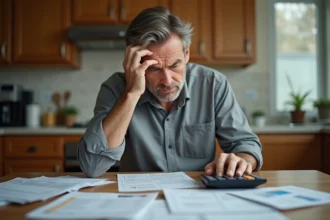Homme stressé examinant des factures et relevés de crédit sur une table de cuisine, illustrant les difficultés financières liées à un mauvais crédit