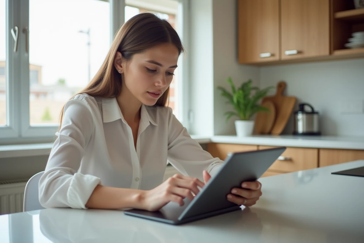 Locataire soumettant une demande de maintenance en ligne via un portail locataire sur tablette dans une cuisine moderne