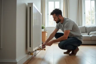 Locataire inspectant la valve d'un radiateur dans un appartement moderne, illustrant les charges d'entretien locatives