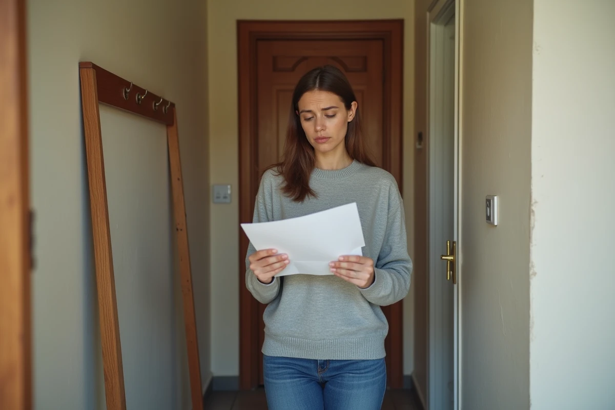 Locataire lisant un avis de congé reçu par courrier dans son appartement