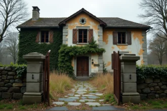Maison abandonnée en pierre avec volets fermés et végétation envahissante, symbolisant une succession ou donation immobilière