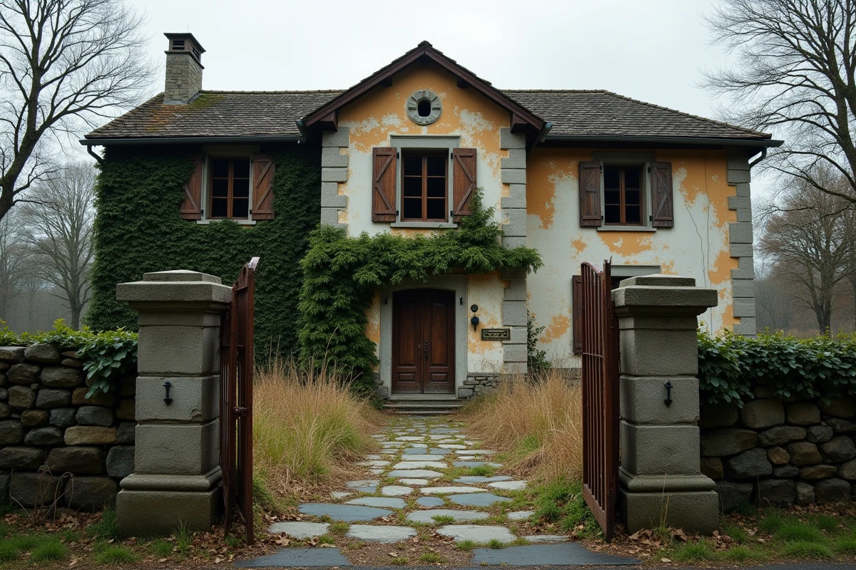 Maison abandonnée en pierre avec volets fermés et végétation envahissante, symbolisant une succession ou donation immobilière