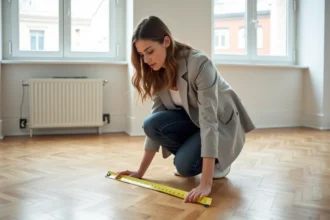 Femme mesurant la surface au sol d'un appartement vide avec un mètre ruban jaune avant achat immobilier