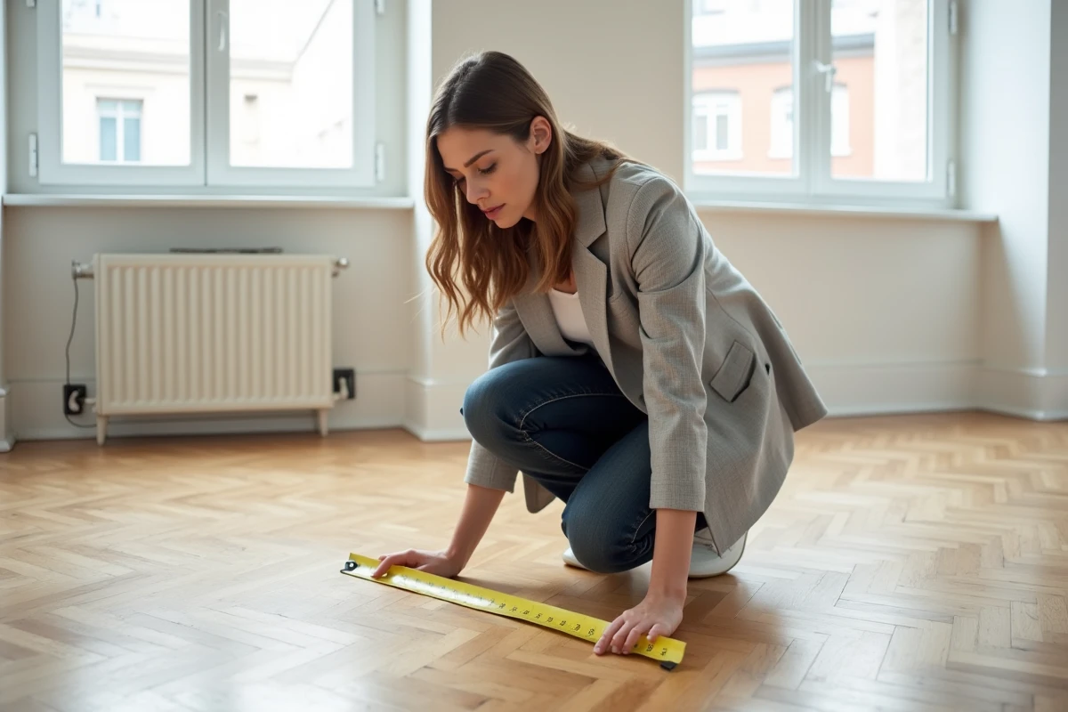 Femme mesurant la surface au sol d'un appartement vide avec un mètre ruban jaune avant achat immobilier
